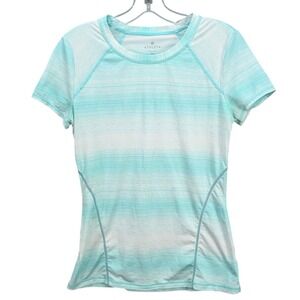 Athleta Top Womens Size XS White Green Striped Activewear Short Sleeve Stretch